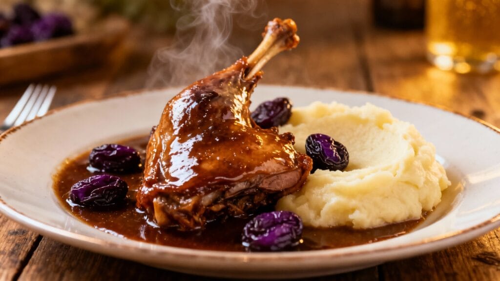 Lapin à la gueuze en sauce avec purée