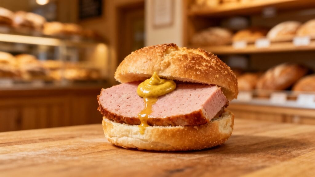 Sandwich Leberkäse chaud dans un petit pain croustillant