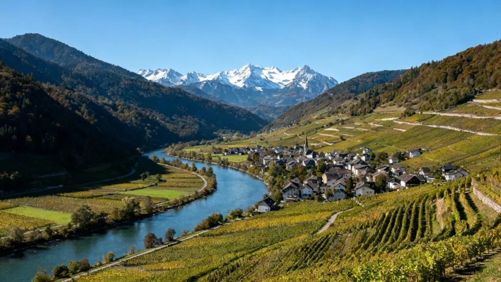 Vallée alpine avec rivière et vignobles d’un micro‑État