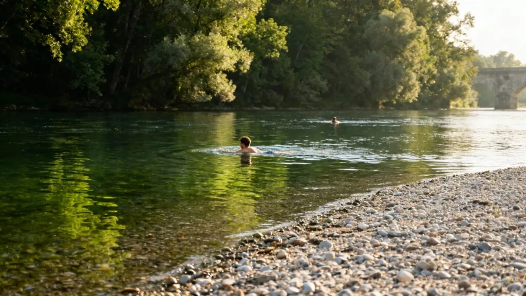 Petite plage de galets sur une rivière tranquille, baignade douce