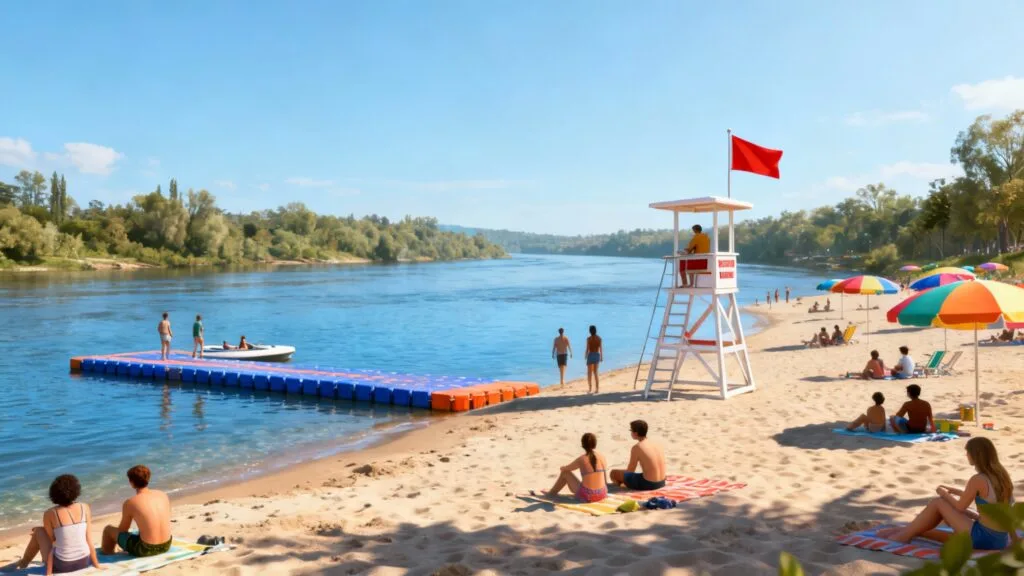Plage surveillée sur une rivière, ambiance familiale et sereine
