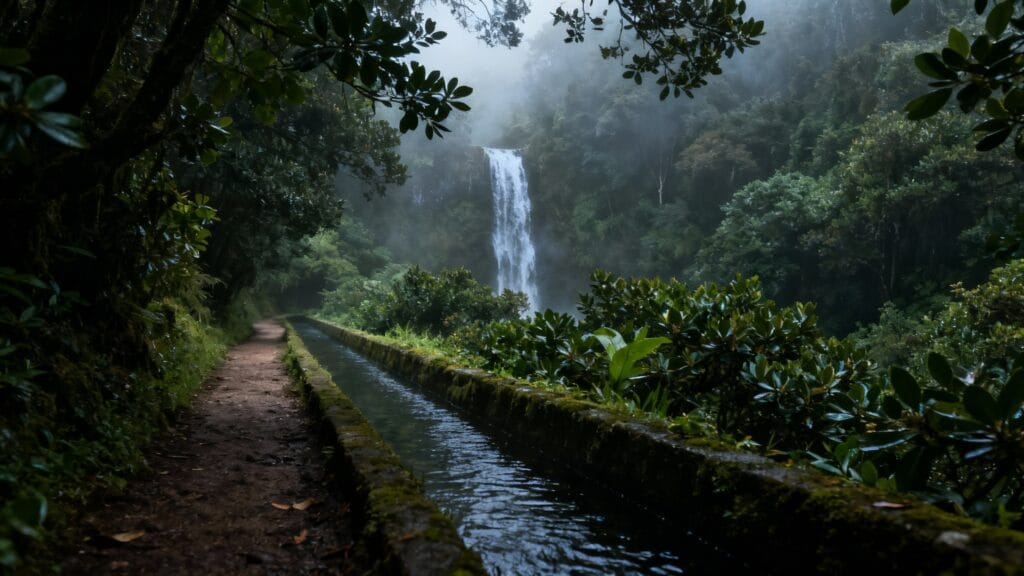 Sentier de randonnée ombragé dans une forêt humide