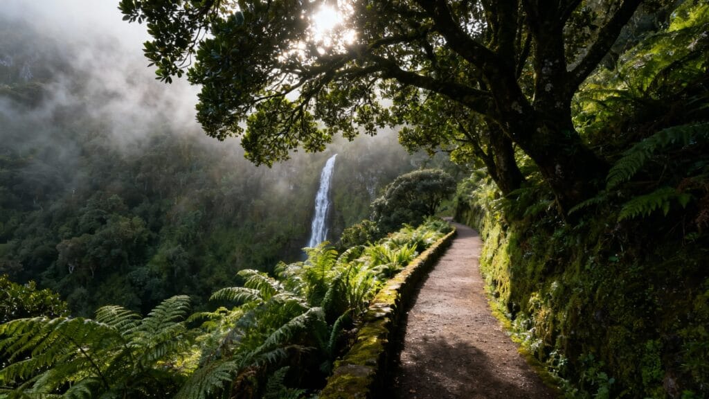 Sentier de forêt humide pour randonner en octobre