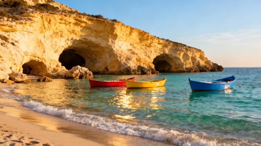 Côte calcaire et barques sur mer calme en octobre