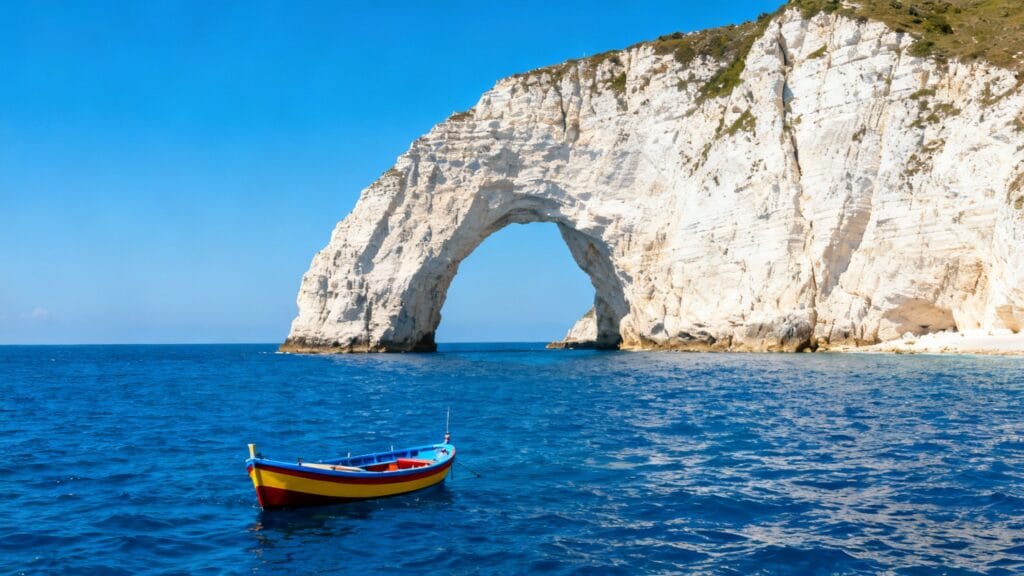 Falaises claires et mer azur, barque colorée au calme