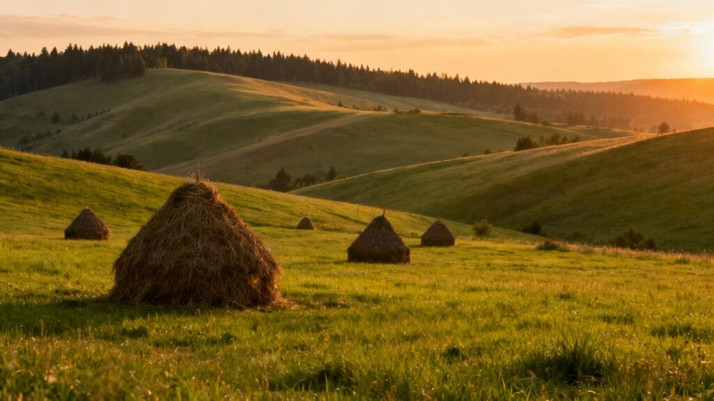 Meules de foin sur collines douces au coucher