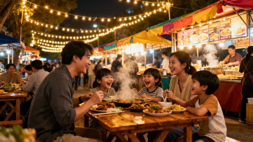 Marché nocturne mexicain, stands et familles