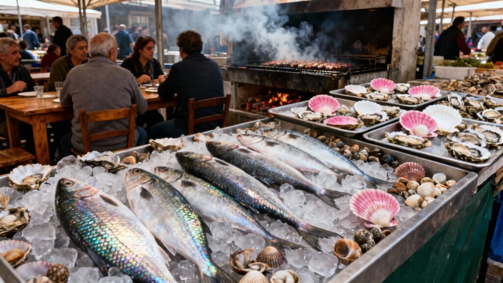 Étal de poissons et huîtres, street-food locale