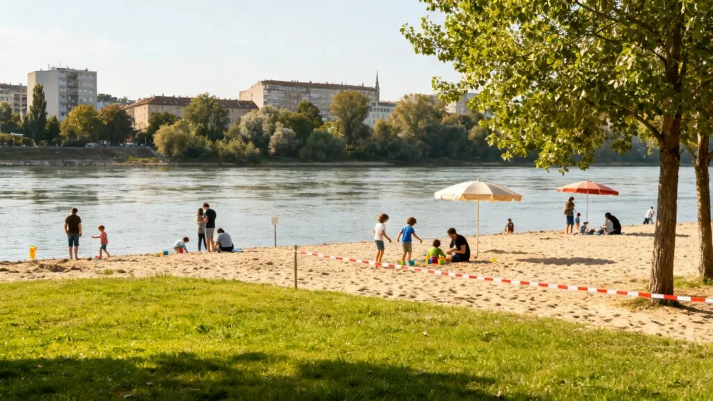 Plage aménagée en bord de rivière, accès simple pour familles