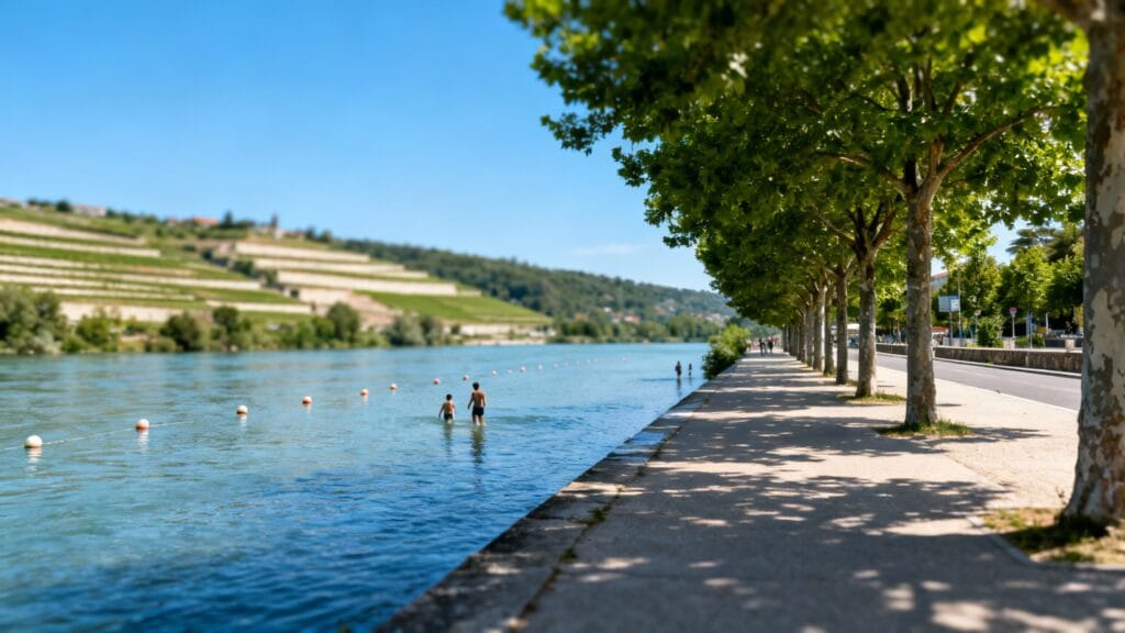 Quais piétons et zone autorisée de baignade en rivière