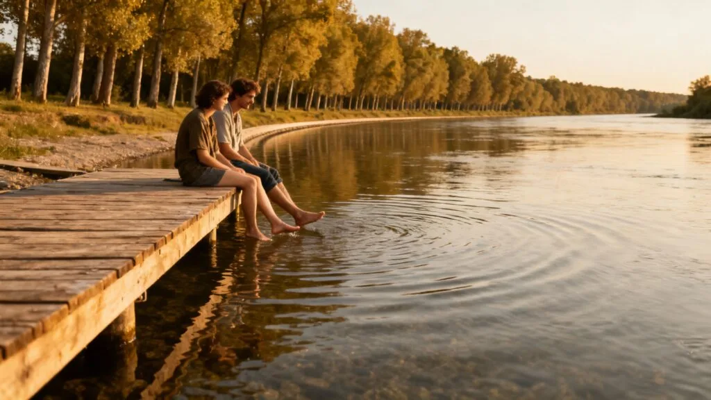 Ponton et berges aménagées le long d’une boucle de rivière