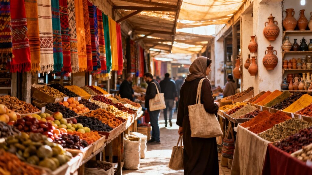 Marché couvert aux couleurs chaudes, soleil doux de novembre