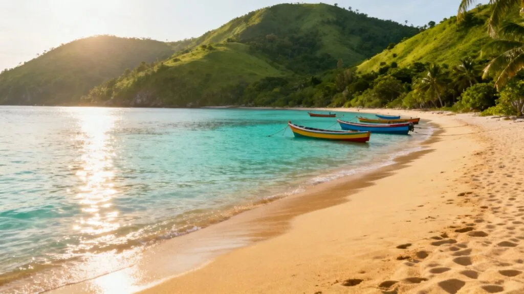 Anse tropicale avec barques colorées en Martinique