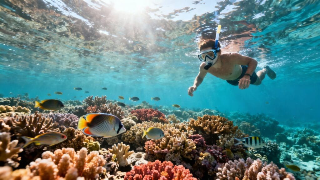 Récif coloré et nageur en snorkeling, mer à 27 °C