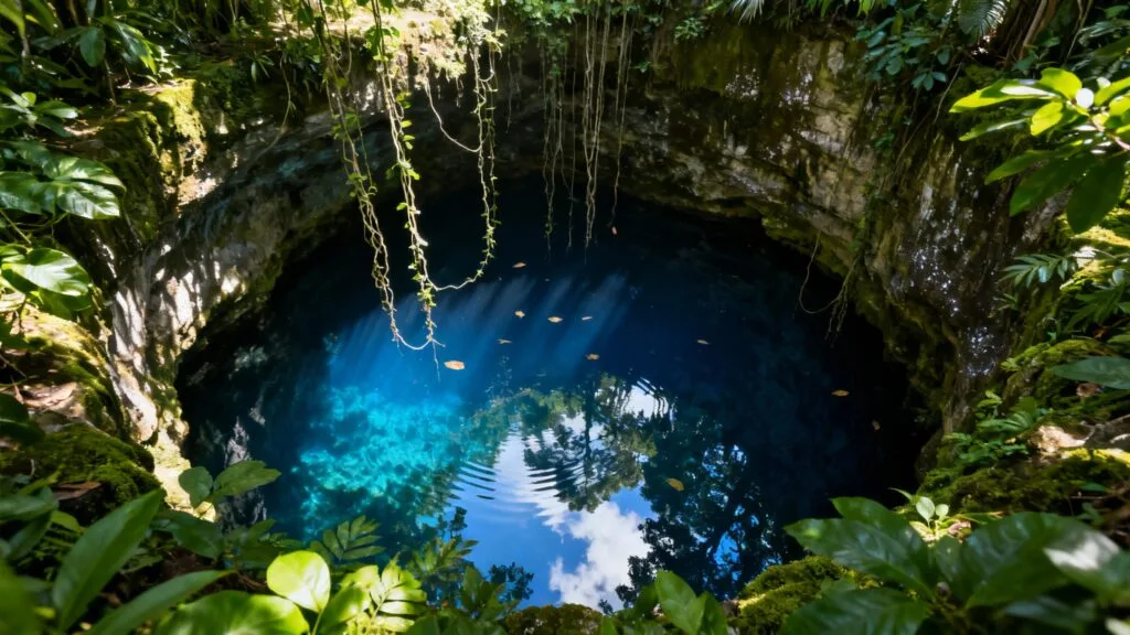 Cénoté bleu, jungle tropicale et lumière filtrée