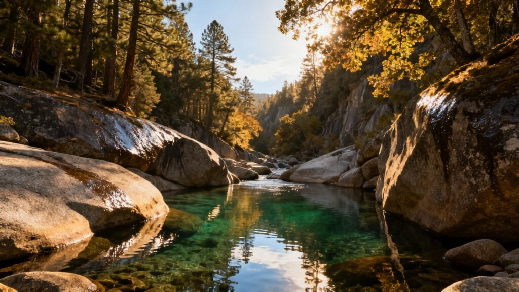 Vasques émeraude et rochers polis en rivière