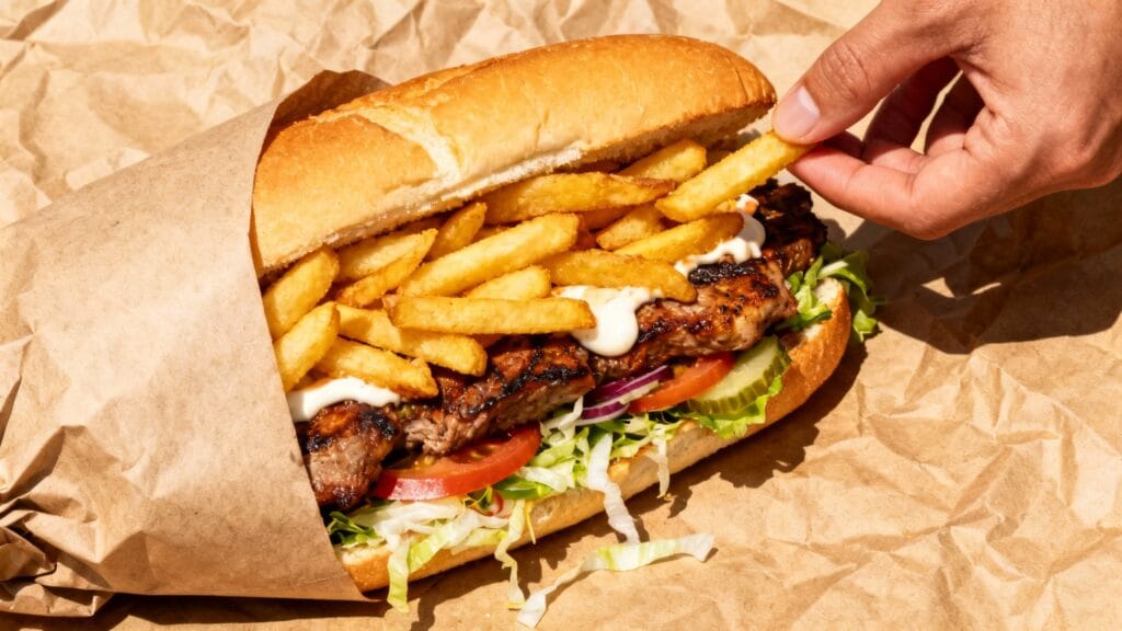 Mitraillette garnie de frites et viande grillée