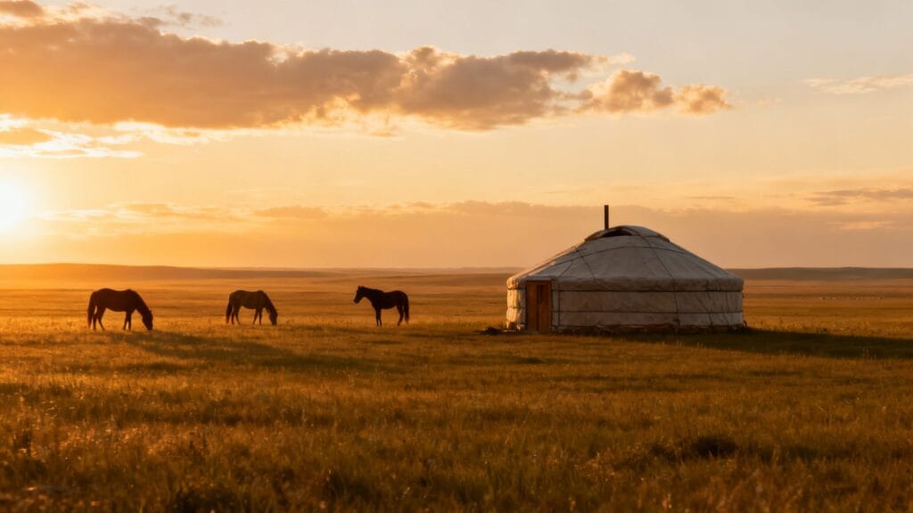 Yourte et chevaux dans la steppe au soleil couchant