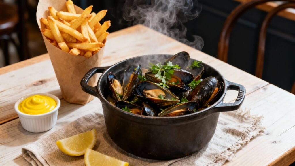 Moules marinières et frites belges croustillantes