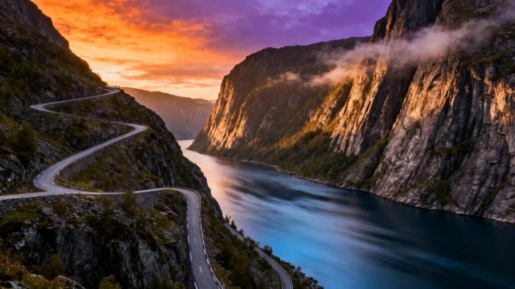 Fjord et route panoramique, paysages spectaculaires