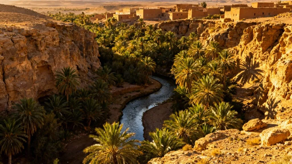 Oasis encaissée avec palmeraie dense et oued discret