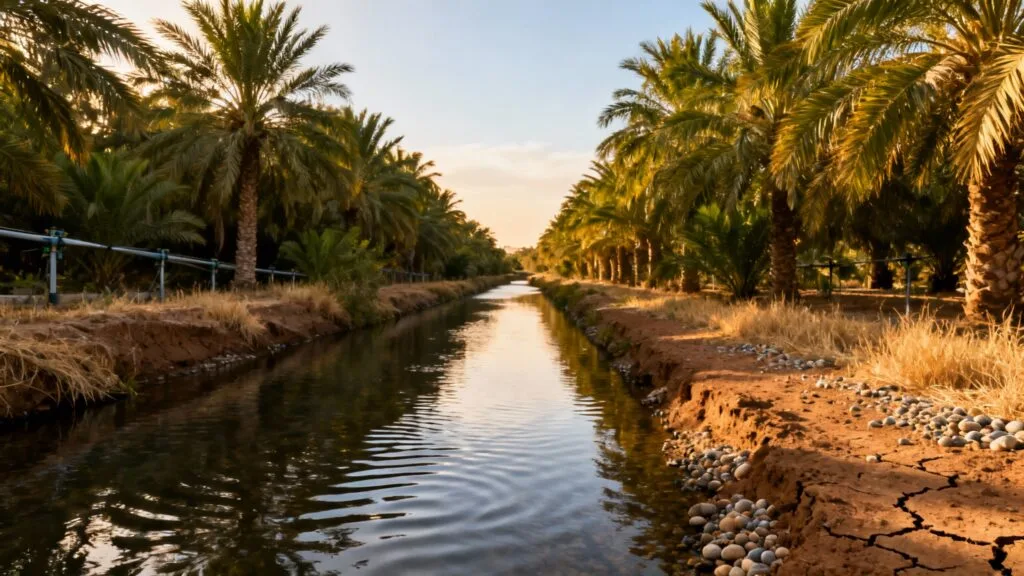 Oasis verdoyante et canaux sous lumière dorée