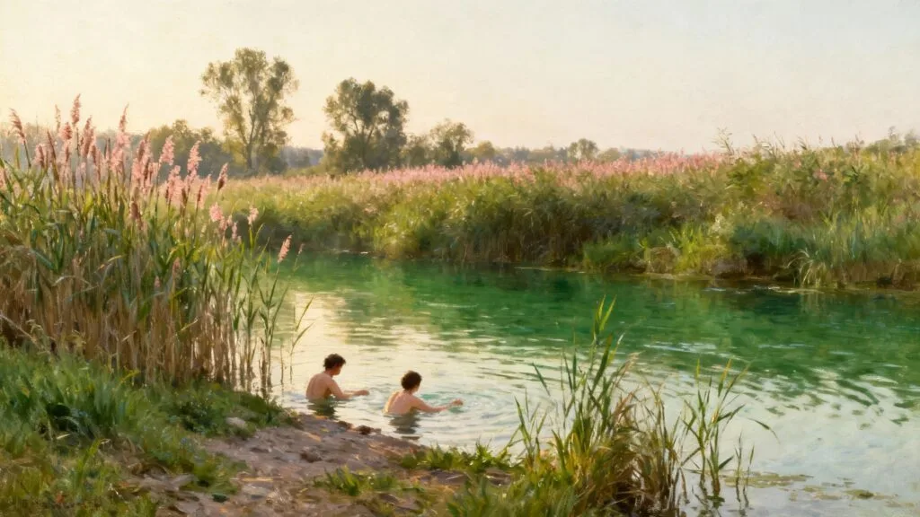 Berges naturelles et baignade prudente sur une rivière tranquille
