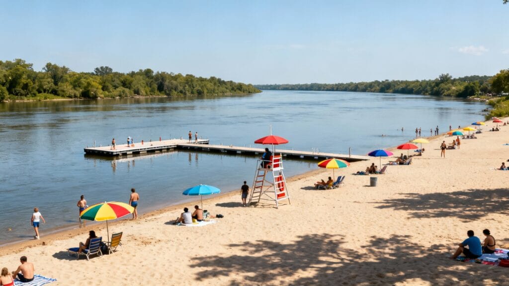 Plage aménagée en rivière, surveillance et équipements familiaux