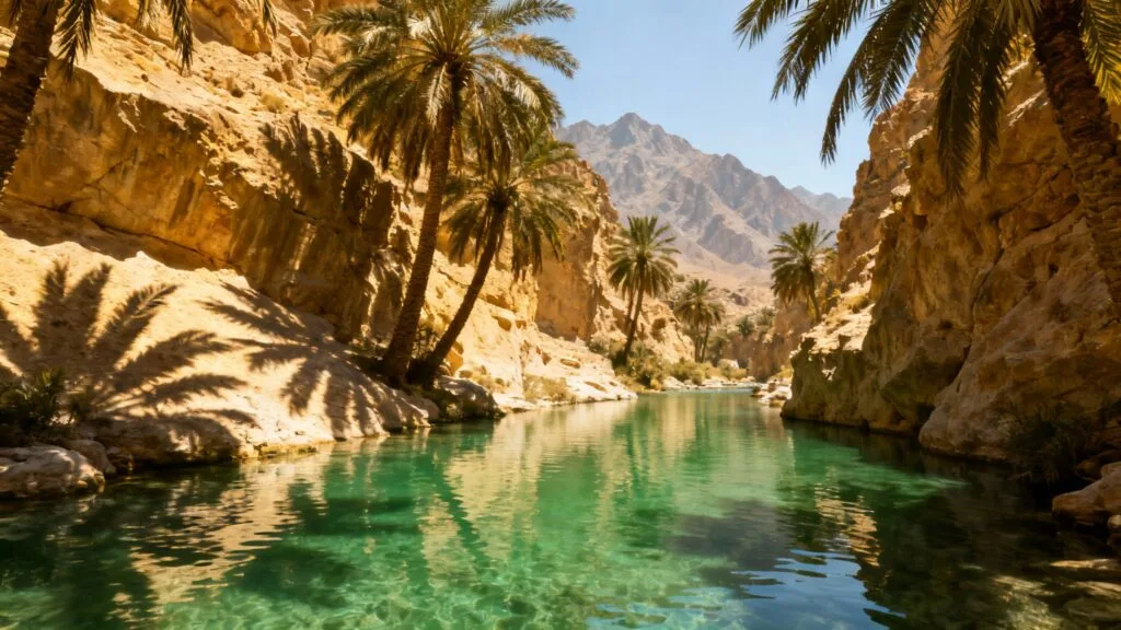 Wadi omanais aux eaux émeraude et palmiers