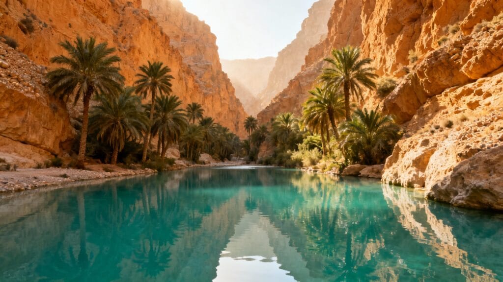 Canyon rocheux et bassin turquoise, soleil haut de novembre