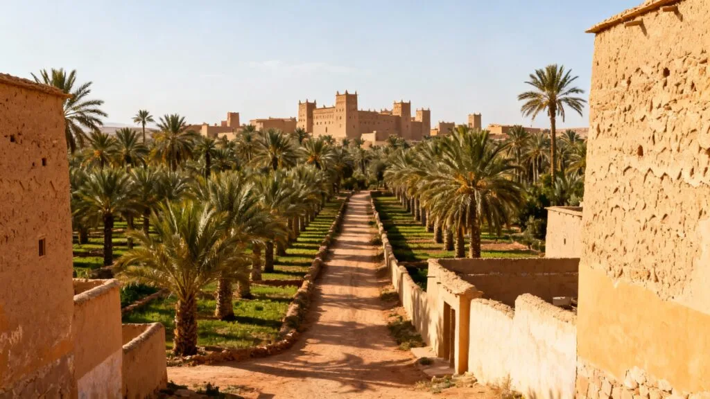 Palmeraie aux chemins de terre et murs en pisé