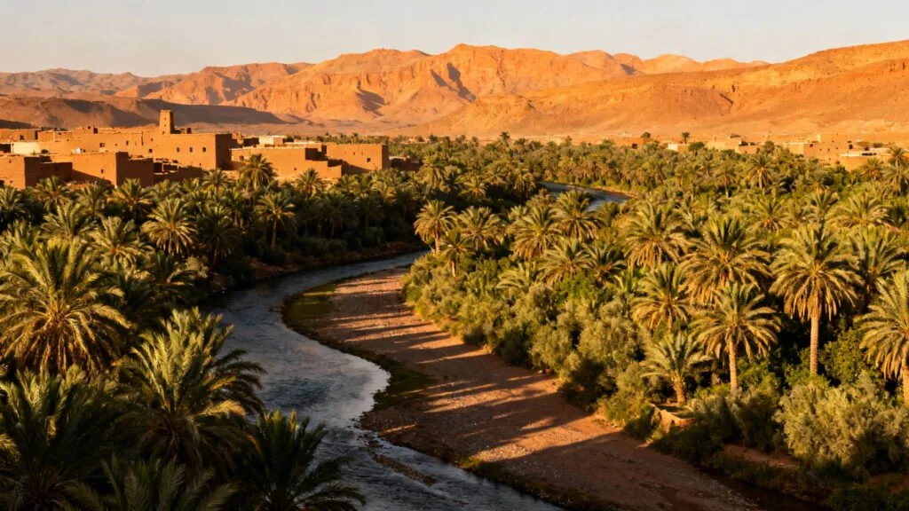 Palmeraie verdoyante le long d’un oued au crépuscule
