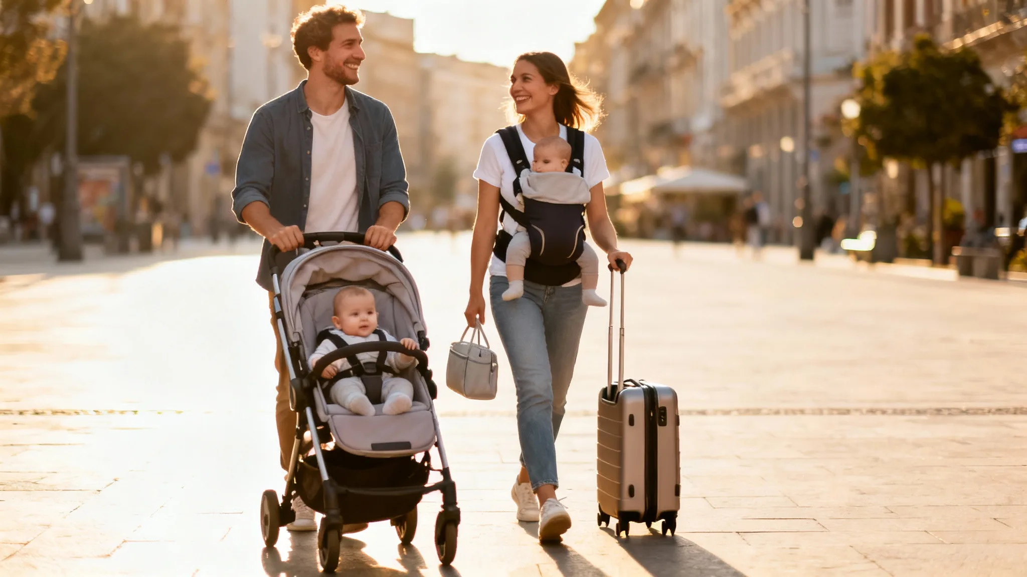 Parents qui voyagent avec un bébé en ville, sereins