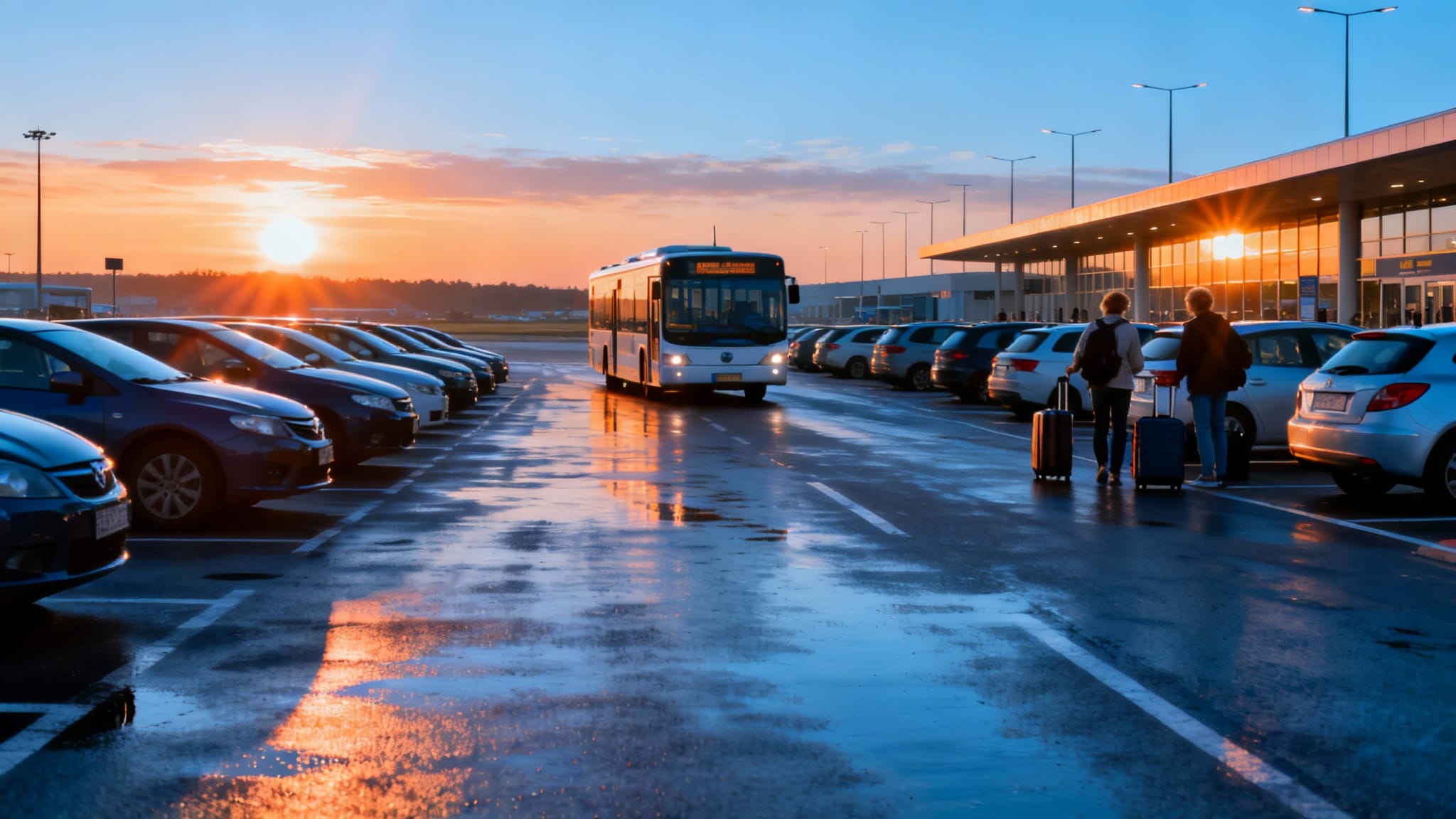 Vue d’ensemble d’un parking aéroport Charleroi avec navette et terminal