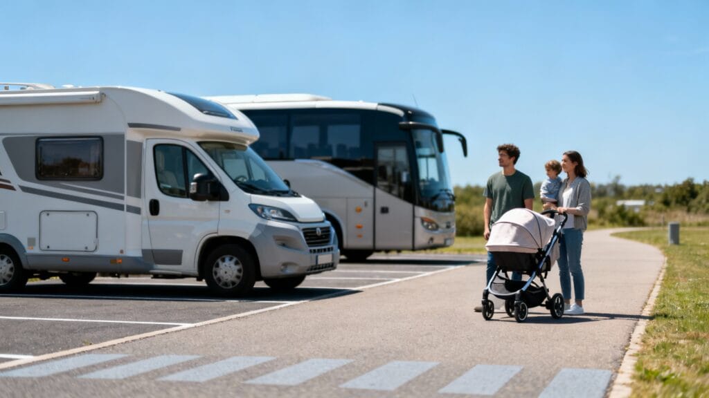 Stationnement camping-car et bus, chemin accessible poussette