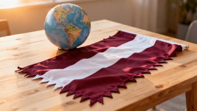Globe et drapeau bordeaux évoquant le pays en q