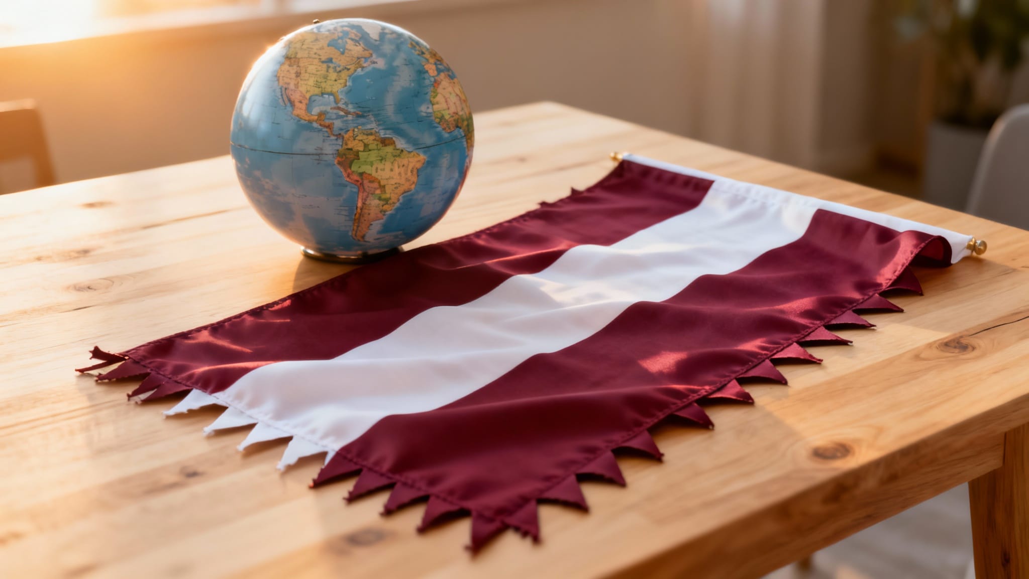 Globe et drapeau bordeaux évoquant le pays en q