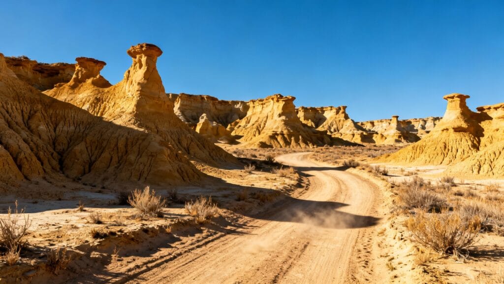 Paysage érodé et piste dans la Navarre