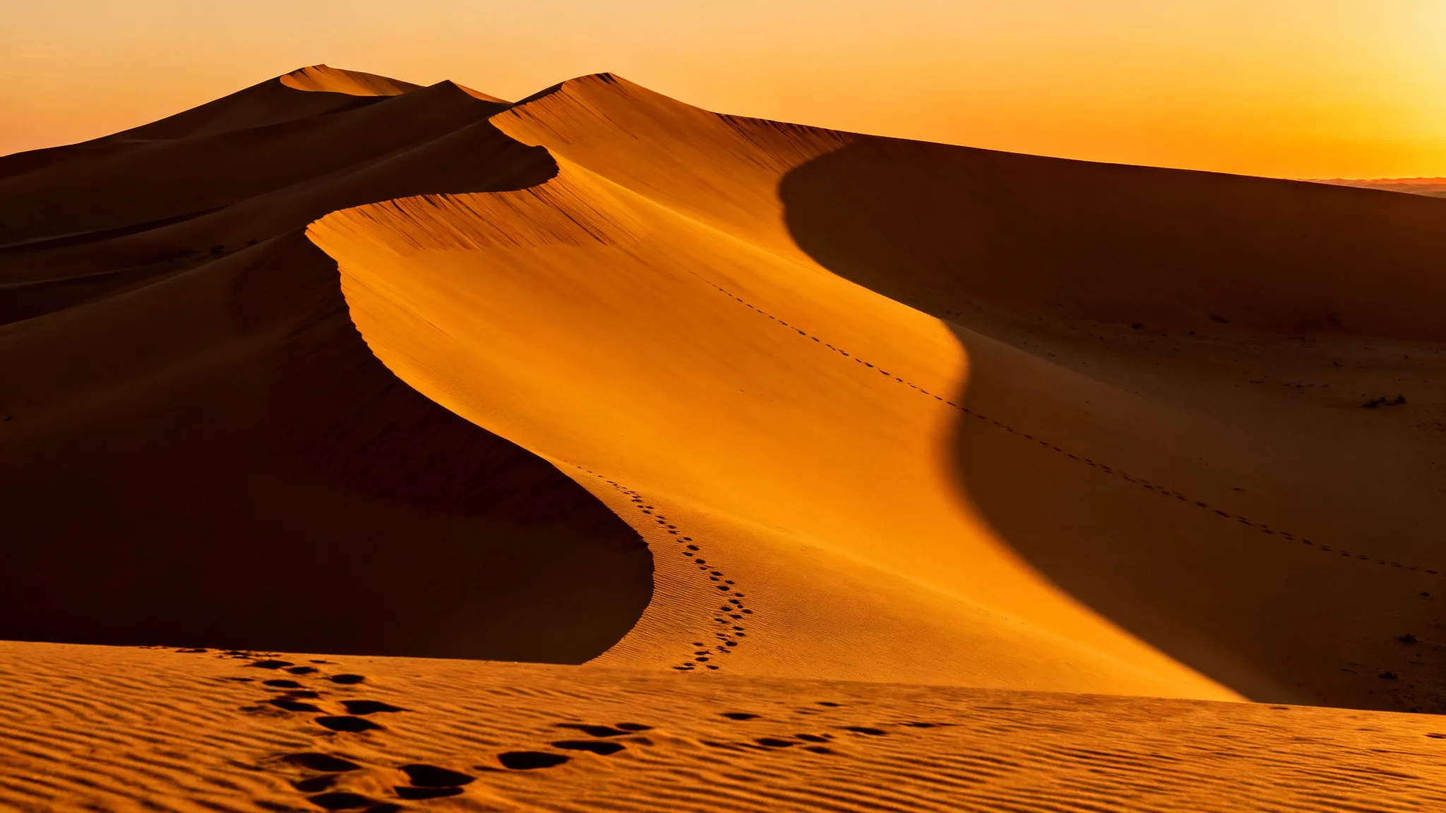 Dunes sahariennes dorées au crépuscule, lumière douce
