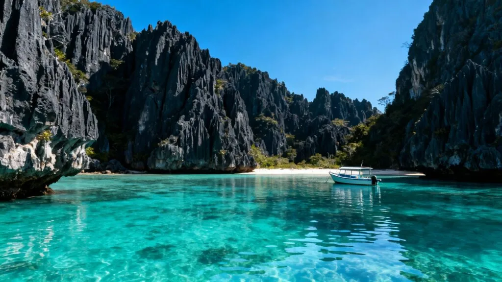 Lagon turquoise entouré de falaises calcaires sombres