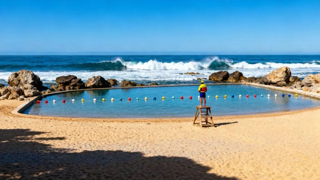 Piscine naturelle et zone sous filet sur plage surveillée