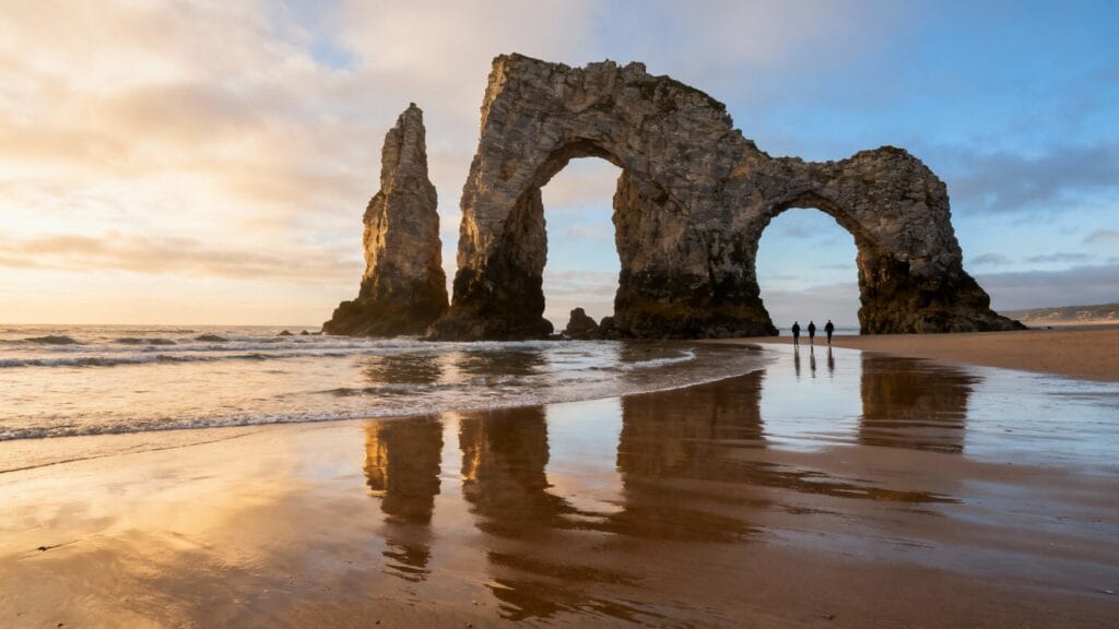 Arches naturelles et plage à marée basse en Galice