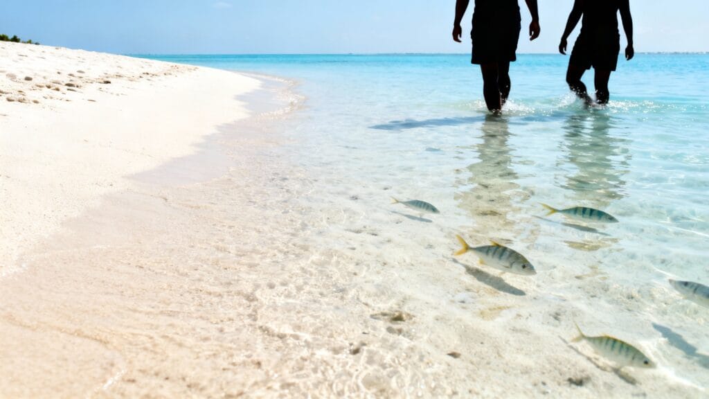 Plage au fond sableux et eau très peu profonde