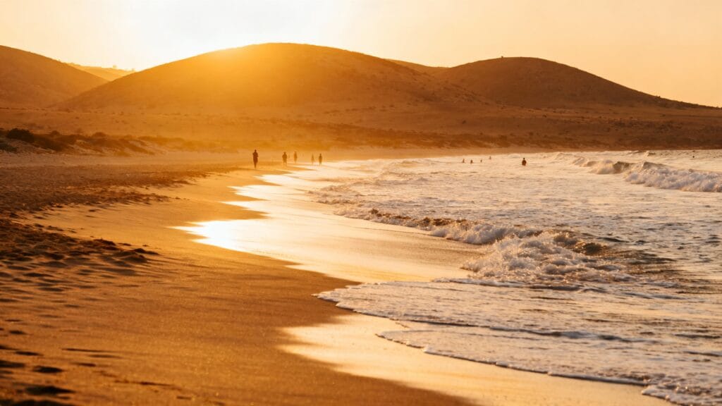 Plage sauvage et vagues douces, mer chaude en avril