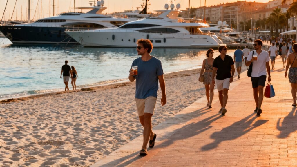 Plage urbaine avec yachts en arrière-plan
