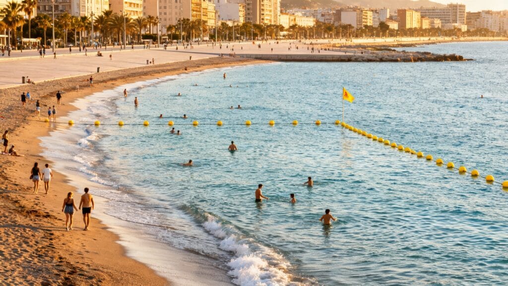 Zone de baignade urbaine avec bouées et drapeaux