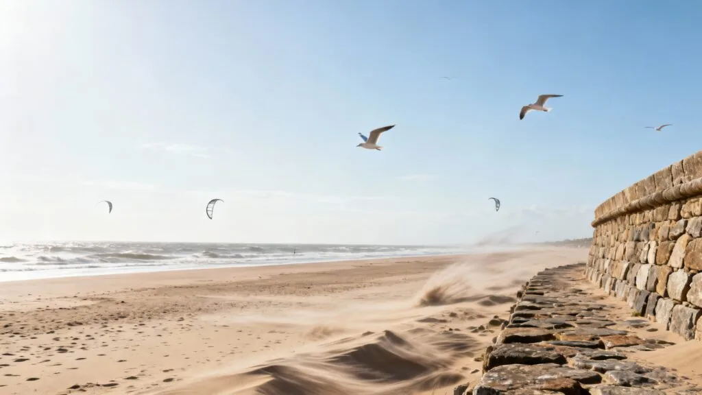 Plage ventée, remparts de pierre et mouettes en vol