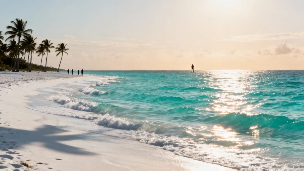 Plage urbaine à Cancún, sable blanc et eau turquoise