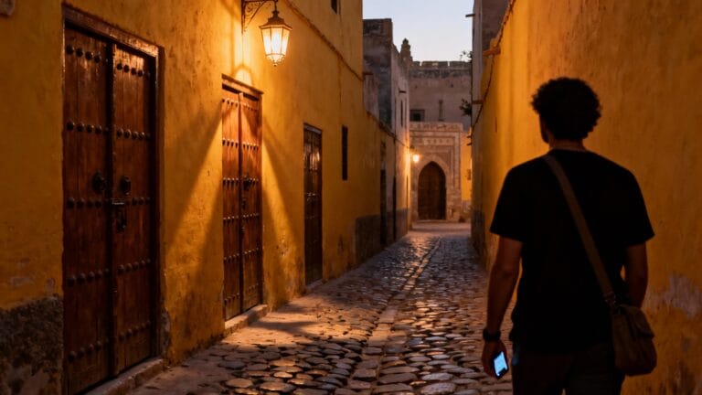 Ruelle sombre typique, quartier à éviter à Marrakech la nuit