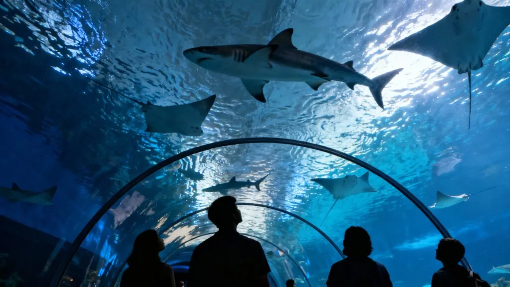 Tunnel d’aquarium avec requins et raies au-dessus